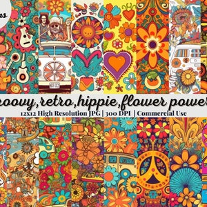 20 Groovy, retro, hippie, flower power, digital printable clipart | Commercial Use | Instant Download