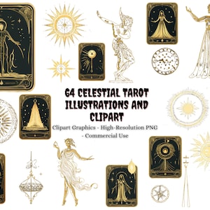 64 Celestial Tarot Illustrationen, Gold Vektor und digitales Papier - um Ihre eigenen mystischen esoterischen obskuren kommerziellen Designs zu erstellen