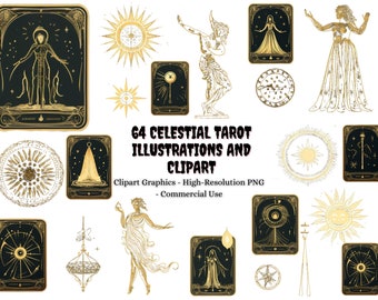 64 hemelse tarotillustraties, gouden vector en digitaal papier om je eigen mystieke esoterische geheimzinnige ontwerpen voor commercieel gebruik te maken
