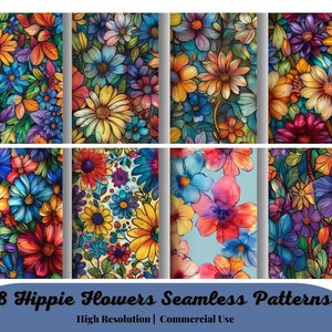 58 Motivi senza soluzione di continuità con fiori hippie, fiori hippie grunge, carta digitale, uso commerciale, motivi floreali hippie, motivi floreali retrò-JPG
