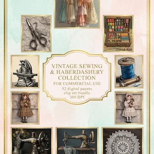 Puede incluir: Una colección de arte digital con elementos de costura y mercería vintage. La imagen incluye ilustraciones de máquinas de coser, tijeras, carretes de hilo y vestidos vintage. El texto dice "VINTAGE SEWING & HABERDASHERY COLLECTION FOR COMMERCIAL USE".