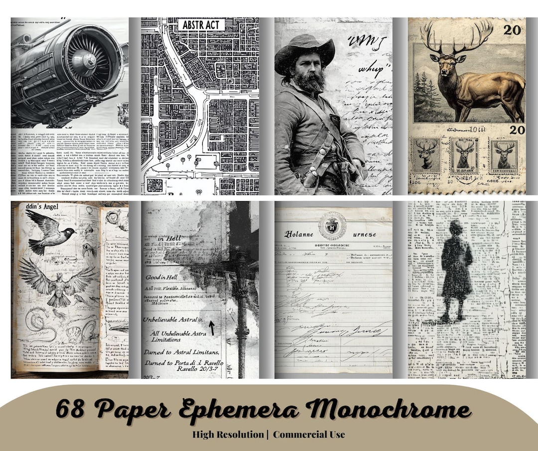 68 Paper Ephemera Monochrome Digital Paper, Vintage Textures With Old ...