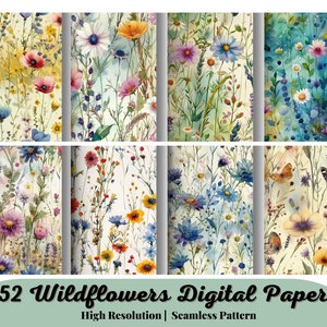 52 Aquarell Wildblumen Digitales Papier Set, Frühlingsblumen Junk Journal Papier, druckbare Frühlingswiese, digitales Scrapbooking