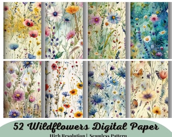 52 aquarel wilde bloemen digitale papierset, lentebloemen ongewenste tijdschriftpapier, afdrukbare lenteweide, digitale scrapbooking