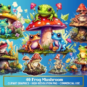 40 Frog Mushroom PNG , Watercolor Fantasy Clipart, Animals Clip Art, Bundle for Commercial use, 99CentsCrafts, High Quality