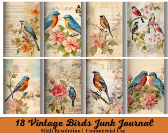 18 Vintage Birds Junk Journal, Vintage Journal Papers, Flowers Junk Journal, Vintage Junk Journal Digital Kit, Birds Printable Journal Kit
