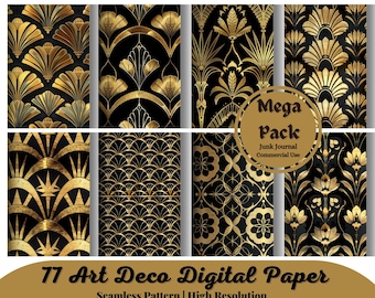 77 Art Deco Digital Paper, modelli art déco retrò senza soluzione di continuità in nero e oro, download immediato per uso commerciale