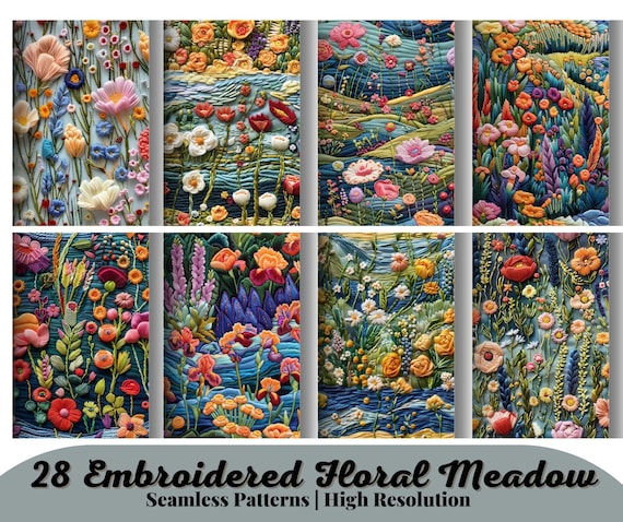 28 Embroidered Floral Meadow Seamless Pattern, Instant Download, 3d Flower Digital Paper, Digital Scrapbooking, Commercial Use, High Quality
