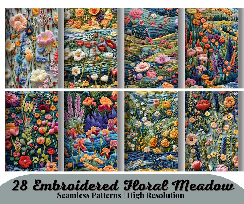 May include: A set of 28 digital embroidery patterns featuring colorful floral designs. The patterns are seamless and high resolution, perfect for creating beautiful projects.