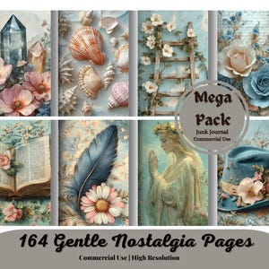 Gentle Nostalgia Pages, junkjournal en scrapbookpapier, vintage ephemera, antieke items, digitaal papier, lichtblauw, zachte pastelkleuren