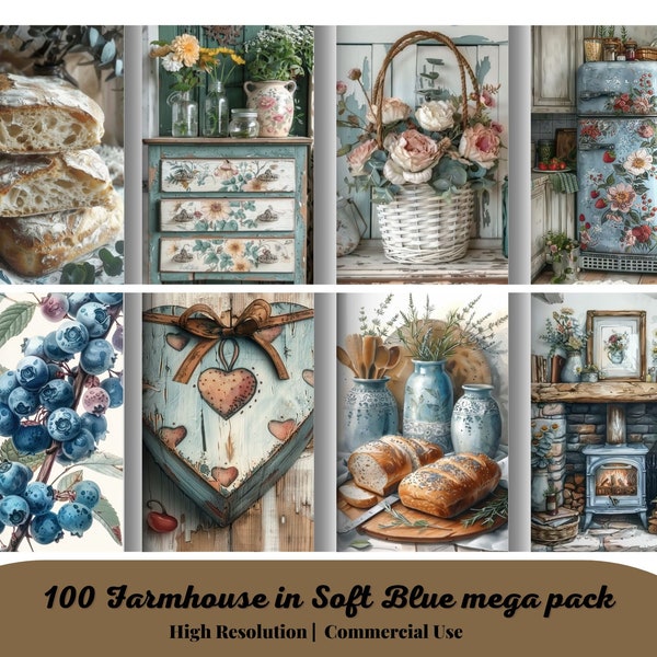 100 Farmhouse in Soft Blue, junk journal pages, digital paper, digital ephemera, cottage house, cottagecore, cottage core, farm house images