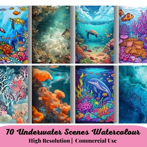 70 escenas submarinas en acuarela, descarga instantánea, manualidades, decoración, sublimación, álbum de recortes digital, diario
