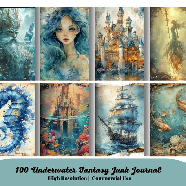 100 Underwater Fantasy Junk Journal Kit Fairytale Mermaid Ocean Sea Scrapbook Page Craft Paper Printable Collage Watercolor Digital Download