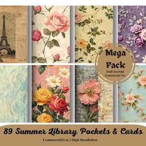 Pochettes de bibliothèque d'été et cartes, étiquettes de poche chargées, kit de journal indésirable, pochettes de journal indésirable, embellissements, intercalaires imprimables de poche