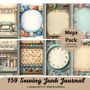 May include: A digital download of 159 printable pages for junk journaling. The pages feature a sewing theme with buttons, spools of thread, and vintage sewing machines. The pages are perfect for adding to your own junk journal or using as inspiration for your own creative projects.
