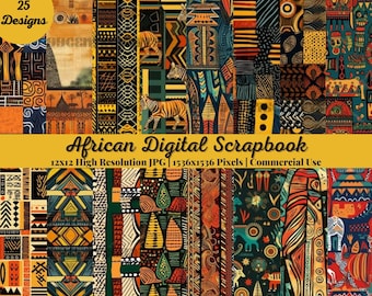 Puede incluir: Un álbum de recortes digital con 25 diseños inspirados en patrones y motivos africanos. Los diseños están en una variedad de colores, incluyendo negro, blanco, amarillo, naranja, rojo, verde y azul. Los diseños están dispuestos en un patrón de cuadrícula. El texto "African Digital Scrapbook" se muestra en la parte superior de la imagen. El texto "12x12 High Resolution JPG 1536x1536 Pixels | Commercial Use" se muestra debajo del título.