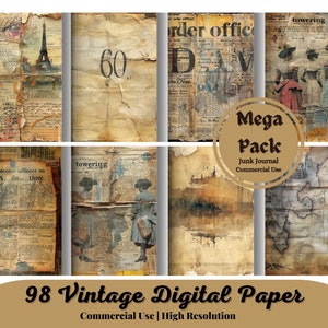Könnte beinhalten: Ein Set mit 98 Vintage-Digitalpapieren für Junk Journaling. Die Papiere bieten eine Vielzahl von Texturen und Designs, darunter alte Zeitungsartikel, Karten und Fotos. Die Papiere sind perfekt, um Ihren Projekten eine einzigartige und Vintage-Note zu verleihen.