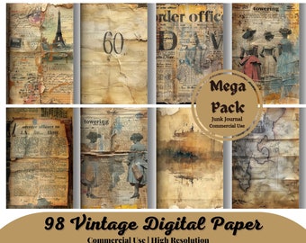 May include: A set of 98 vintage digital papers for junk journaling. The papers feature a variety of textures and designs, including old newspaper clippings, maps, and photographs. The papers are perfect for adding a unique and vintage touch to your projects.