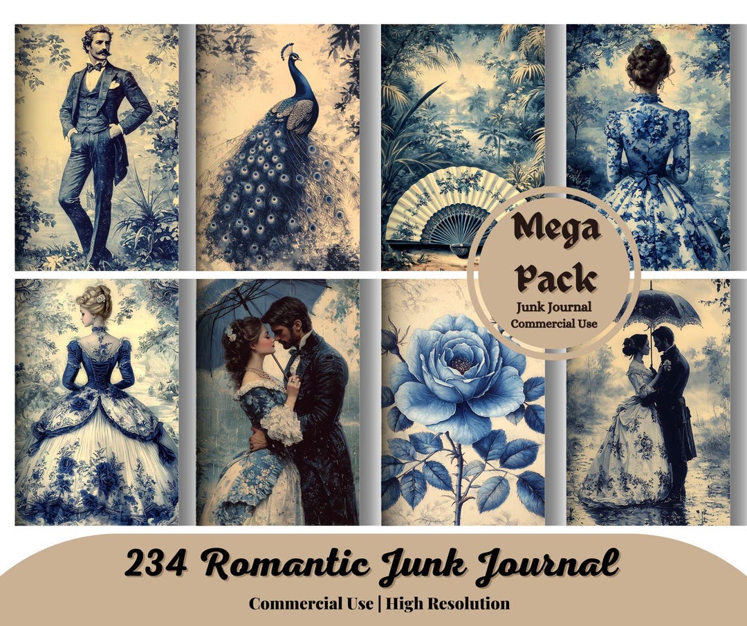 234 Romantic Victorian Junk Journal Supplies Vintage Blue Toile ...