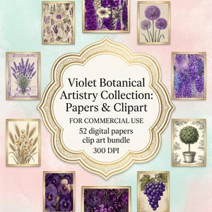 Puede incluir: Una colección de impresiones artísticas botánicas enmarcadas en tonos morados, beige y verdes. Las impresiones presentan diversas ilustraciones florales y vegetales, incluyendo lavanda, uvas y flores de allium. El texto central dice "Violet Botanical Artistry Collection: Papers & Clipart."