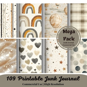 Paquete de 109 papeles neutros para recién nacidos, efímeras bohemias para la guardería de bebés, páginas para baby shower, descarga de diario basura, creación de tarjetas con álbumes de recortes