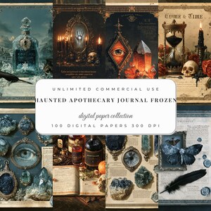 May include: A digital paper collection titled Haunted Apothecary Journal Frozen featuring 100 digital papers at 300 DPI. The imagery includes gothic elements like crystal bottles, skulls, hourglasses, eyes, moths, feathers, and vintage apothecary labels.
