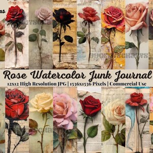 23 Rose Watercolor Junk Journal Kit, Vintage Ephemera, Floral Papers, Collage Sheet, Insert, Instant Download, Digital Folder