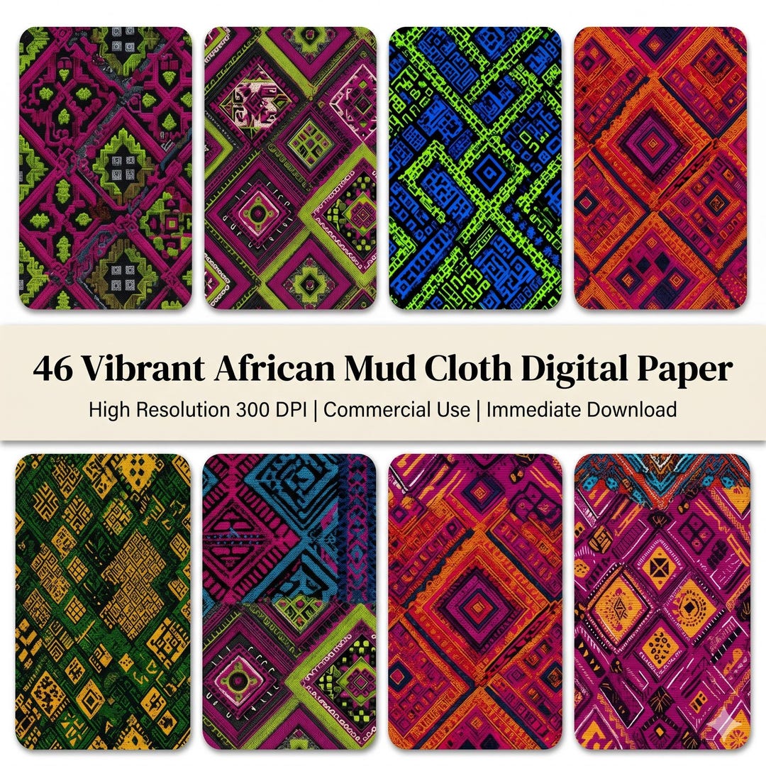 Vibrant African Mud Cloth Digital Paper, Bright Tribal Geometric