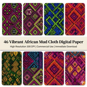May include: A collection of eight digital paper designs featuring vibrant African mud cloth patterns. The designs showcase geometric shapes in various colors, including pink, green, blue, and orange. The text reads "46 Vibrant African Mud Cloth Digital Paper."