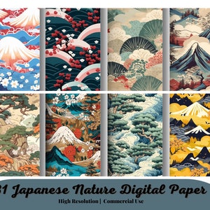 以下が含まれることがあります： 日本の自然の風景を描いたデジタルペーパー8枚セット。山、桜、波、松など、さまざまな色とスタイルで描かれています。高解像度で、商用利用に最適です。