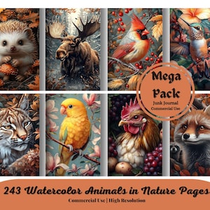Páginas de animais em aquarela na natureza, diário de lixo, papel para scrapbook, papel digital, safári, animais selvagens, animais de fazenda, papel para impressão