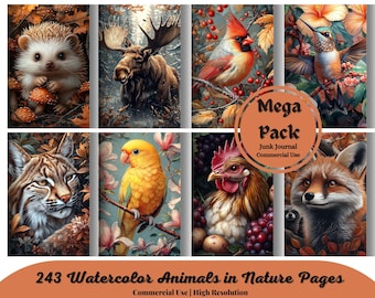 Watercolor Animals in Nature Pages, Junk Journal, scrapbook paper, digital paper, safari, wild animals, farm animals, printable paper