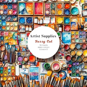 Artist Supplies Watercolor Fussy Cut Bundle, Art Supplies Images, Creative Painter Graphics, Instant Digital Download, Commercial Use