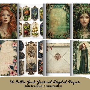 56 Celtic Junk Journal digitale kit, afdrukbare jpg-pagina's met efemere verschijnselen, tags, bosgeest, moeder natuur, fantasie digitale papierdownload