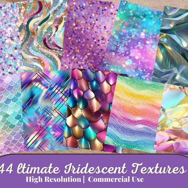 44 Ultimate Iridescent Textures - seamless digital paper metallic textures with pastel rainbow holographic glitter and foil