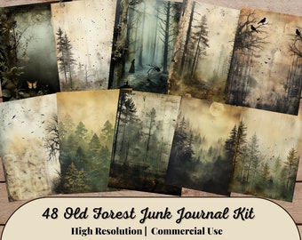 48 Old Forest Junk Journal Kit, gotische papieren, plakboeken, oude invoeging, vintage ephemera, collageblad, digitale map, Instant Download