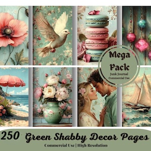 Op de afbeelding: Een verzameling digitale kunstprints met een vintage, shabby chic esthetiek. De afbeeldingen tonen bloemstukken, een duif, macarons, strandscènes en een stel. De tekst luidt "Mega Pack" en "250 Green Shabby Decor Pages."