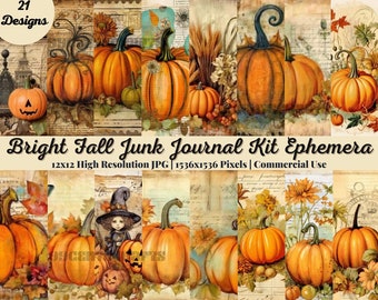21 Bright Fall Junk Journal Kit Ephemera, ATC, Tags, Pocket, Scrapbook Supply, Halloween Pages, Over 100 Digital Items, Journal Pages