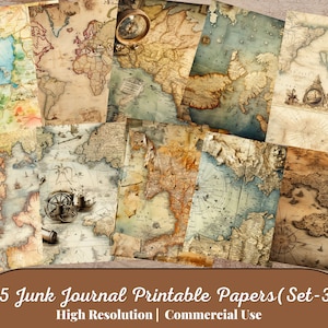 25 Junk-Journal druckbare Vintage Landkarte Papiere, Vintage Papier Journal Seiten, Journal Zubehör, digitale Scrapbooking (Set-3)
