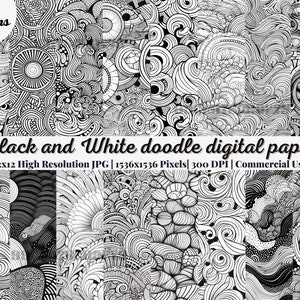 Pacote de 20 papéis digitais para rabiscos em preto e branco. Padrões de páginas para scrapbooking. Pacote de fundo em preto e branco, folhas para scrapbook para impressão. Uso comercial.