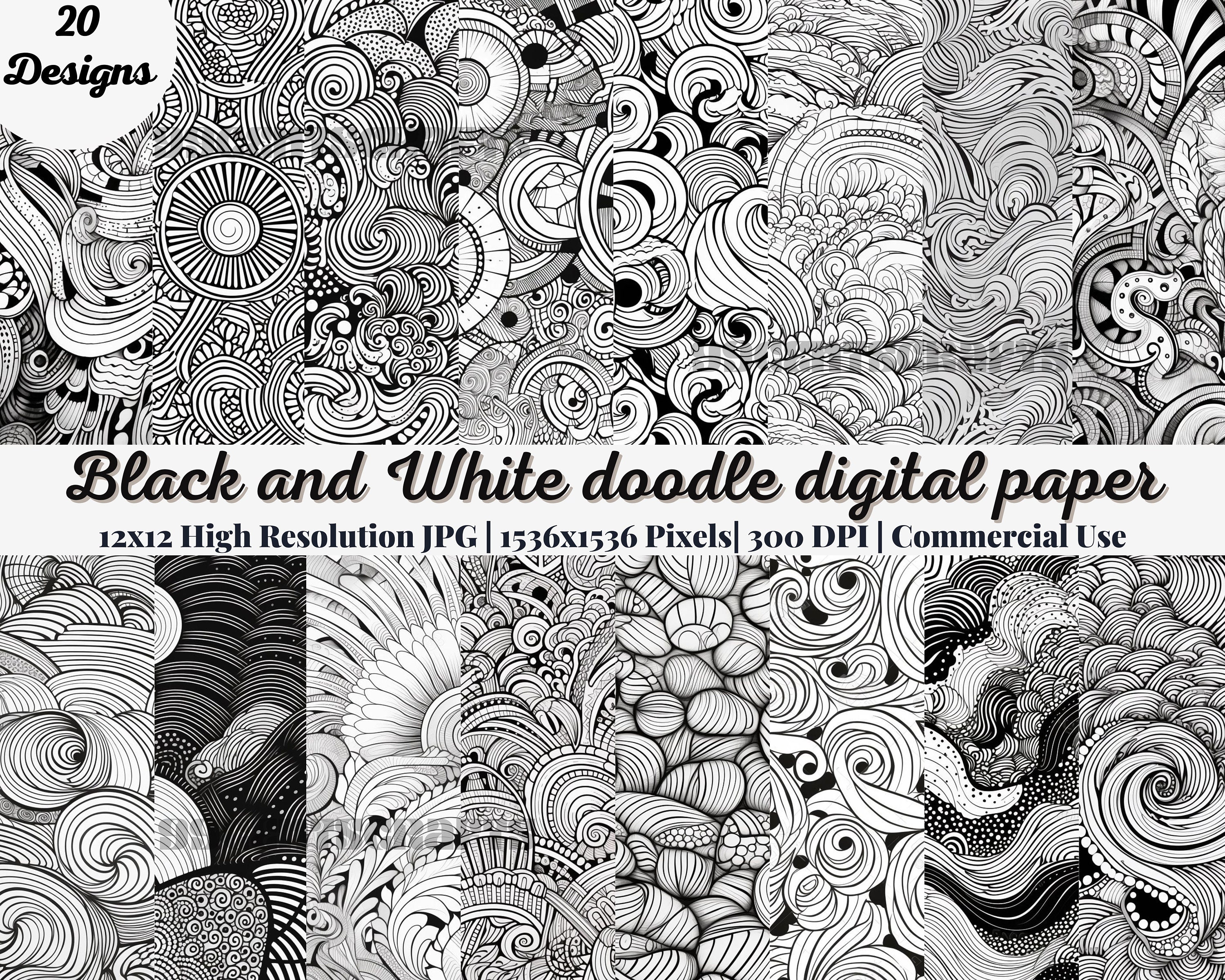 20 Black and White doodle digital paper pack. Patterns scrapbooking pages. B&W background bundle scrapbook sheets printable. Commercial use.
