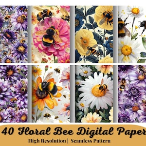 40 Floral Bee Digital Paper, Seamless Floral Bees Pattern, Digital Paper Image, High Quality, Instant Download, Commercial Use, JPG, Vintage