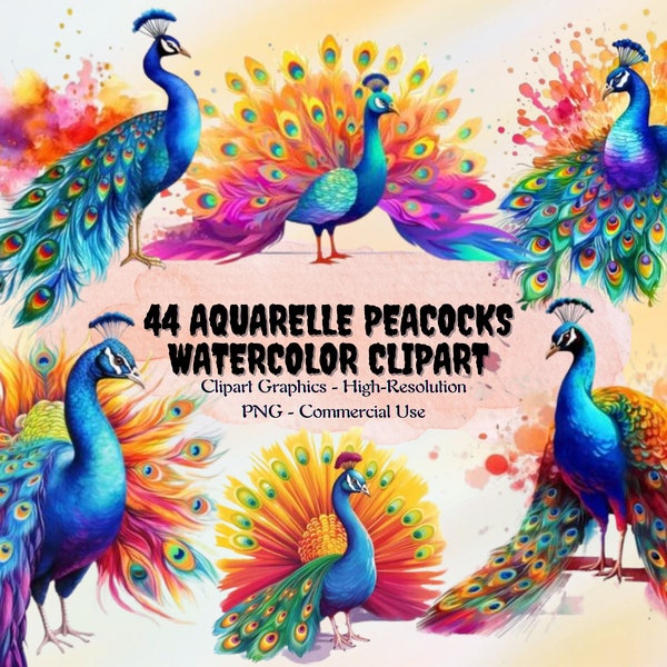 44 Aquarelle Peacocks Watercolor Clipart Bundle - PNG Images, Majestic Bird Graphics, Colorful Printables, Instant Download, Commercial Use