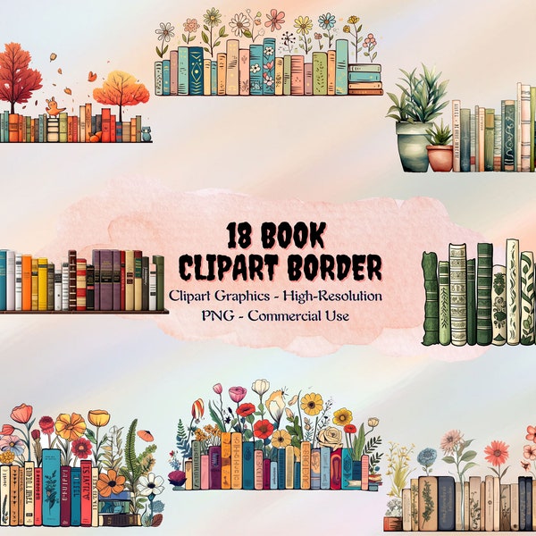 18 Book Clipart Border, Vintage, Watercolor:  Clipart Set, PNG, Digital Scrapbooking, Sublimation Art, Transparent Background, High Quality