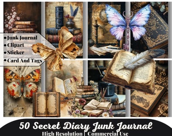 50 Secret Diary Junk Journal, Printable Kit, Vintage Grunge, Digital Download, Library Book Paper, Collage Ephemera, Lined Page, Shabby Chic