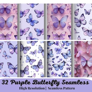 May include: A set of 32 seamless patterns featuring purple butterflies on various backgrounds, including pink, white, and lavender. The patterns are high resolution and perfect for digital projects.