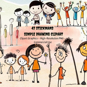 47 Stickmans simple drawing clipart, Stick Boy Clipart, Stick Girl Png, School Children PNG, Stick People, Cut File Circuit, Silhouette