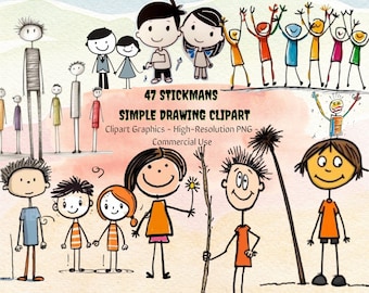 47 Stickmans simple drawing clipart, Stick Boy Clipart, Stick Girl Png, School Children PNG, Stick People, Cut File Circuit, Silhouette