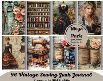 Könnte beinhalten: Eine digitale Collage aus 96 Vintage-Bildern zum Thema Nähen für Junk Journaling. Die Bilder zeigen Garnrollen, Nähmaschinen, Knöpfe und Stoffreste. Die Collage ist mit "96 Vintage Sewing Junk Journal" und "Commercial Use | High Resolution" beschriftet.