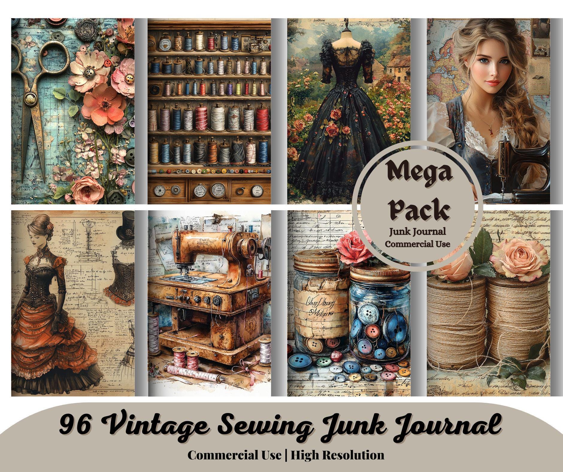 96 Vintage Sewing Junk Journal Kit Sewing Scrapbook Digital Printable ...